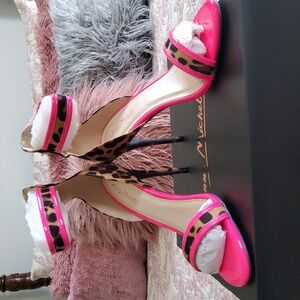 Womens Anne Michelle Dashing-19 Leopard & Neon Open Toe Pumps Heels - Sz 8